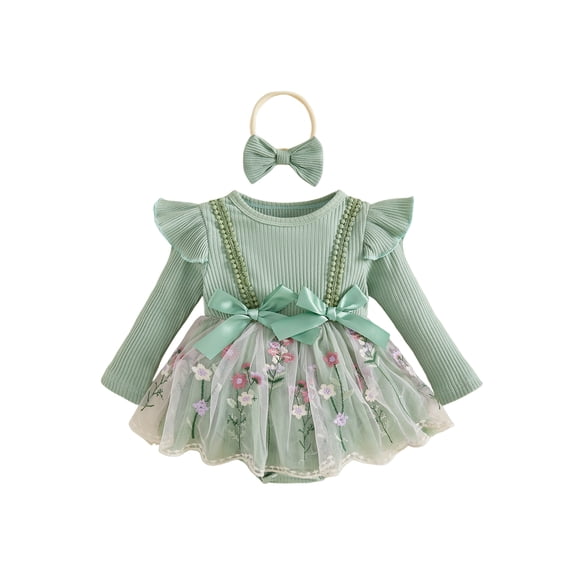 PynkiFlick Infant Baby Girl Fall Romper Dress 3 6 9 12 18 Months Crew Neck Long Sleeve Bodysuit and Headband 2Pcs Clothes