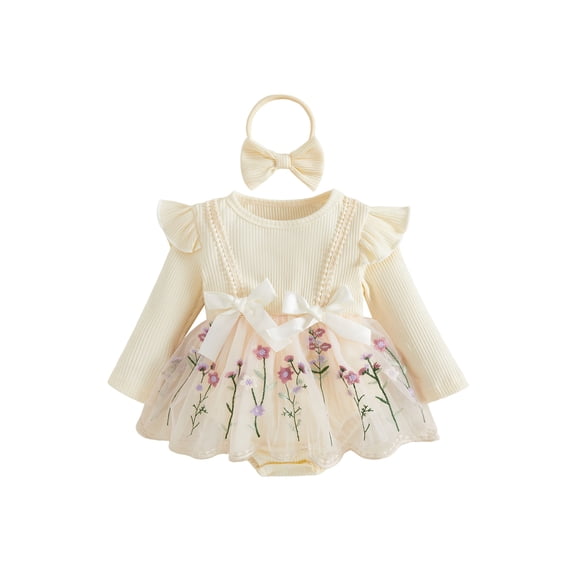 PynkiFlick Infant Baby Girl Fall Romper Dress 3 6 9 12 18 Months Crew Neck Long Sleeve Bodysuit and Headband 2Pcs Clothes