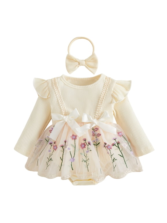 Infant Baby Girl Fall Romper Dress 3 6 9 12 18 Months Crew Neck Long Sleeve Bodysuit and Headband 2Pcs Clothes