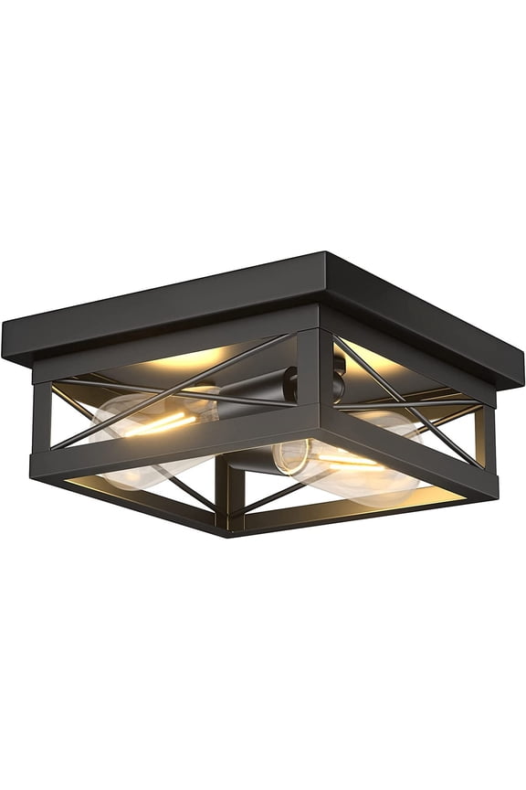2 Light Rustic Farmhouse Flush Mount Ceiling Light Industrial Metal Light Fixture Black