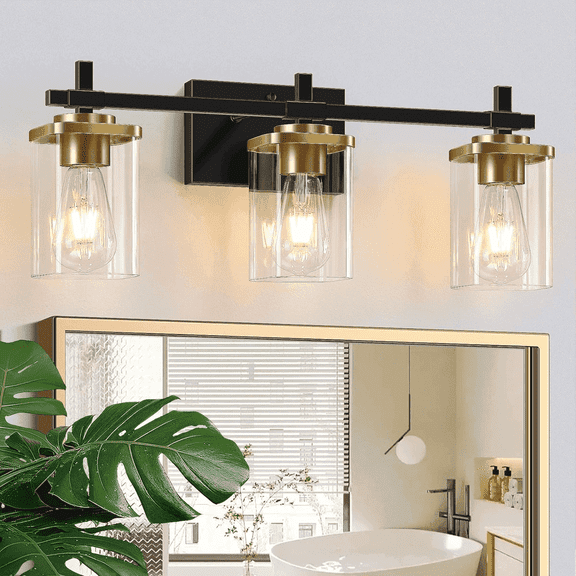 Pynsseu 3-Light Black and Gold Multi Mounting Position LED Vanity Light with Clear Glass Shades
