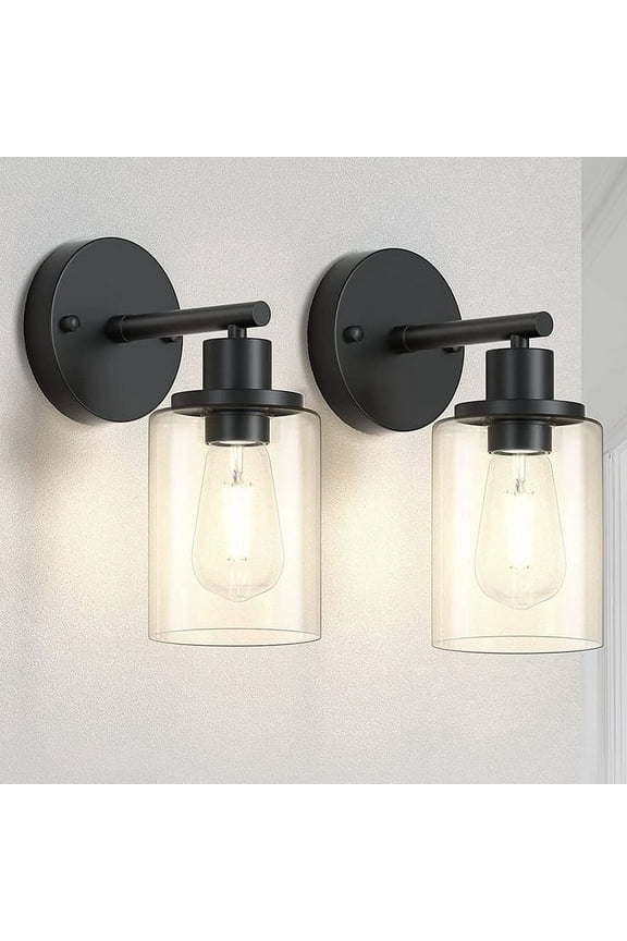 Black Wall Sconces Set of 2 Industrial Bathroom Vanity Wall Light Fixtures with Clear Glass Shade