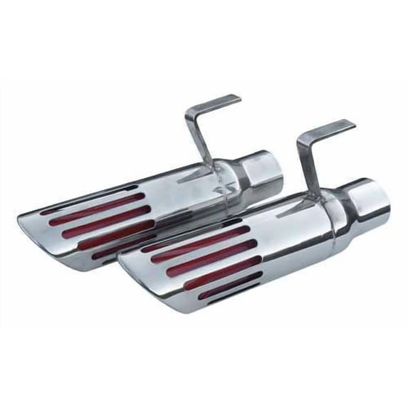 Pypes EVT89 Exhaust Tip - Slip-On - 2-1/2 in Inlet - 3 in Round Outlet - 7 in Long - Single Wall - Single Wall - Rolled Edge - Angled Cut - Red Slotted Tip - Polished Stainless - Pair