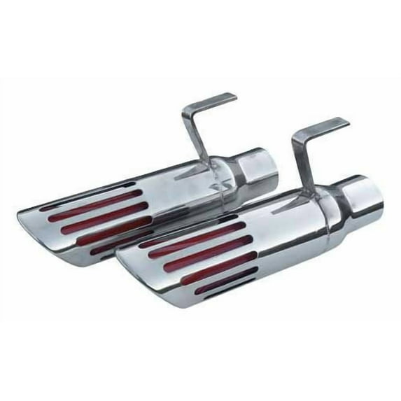 Pypes EVT89 Exhaust Tip - Slip-On - 2-1/2 in Inlet - 3 in Round Outlet - 7 in Long - Single Wall - Single Wall - Rolled Edge - Angled Cut - Red Slotted Tip - Polished Stainless - Pair