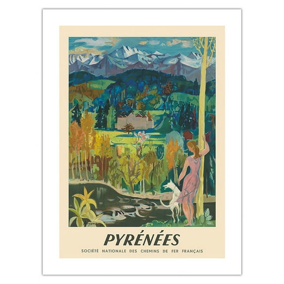 Pyrénées Mountains Europe - French National Railways (SNCF) - Vintage Railroad Travel Poster c.1951 - Fine Art Matte Paper Print (Unframed) 24x32in