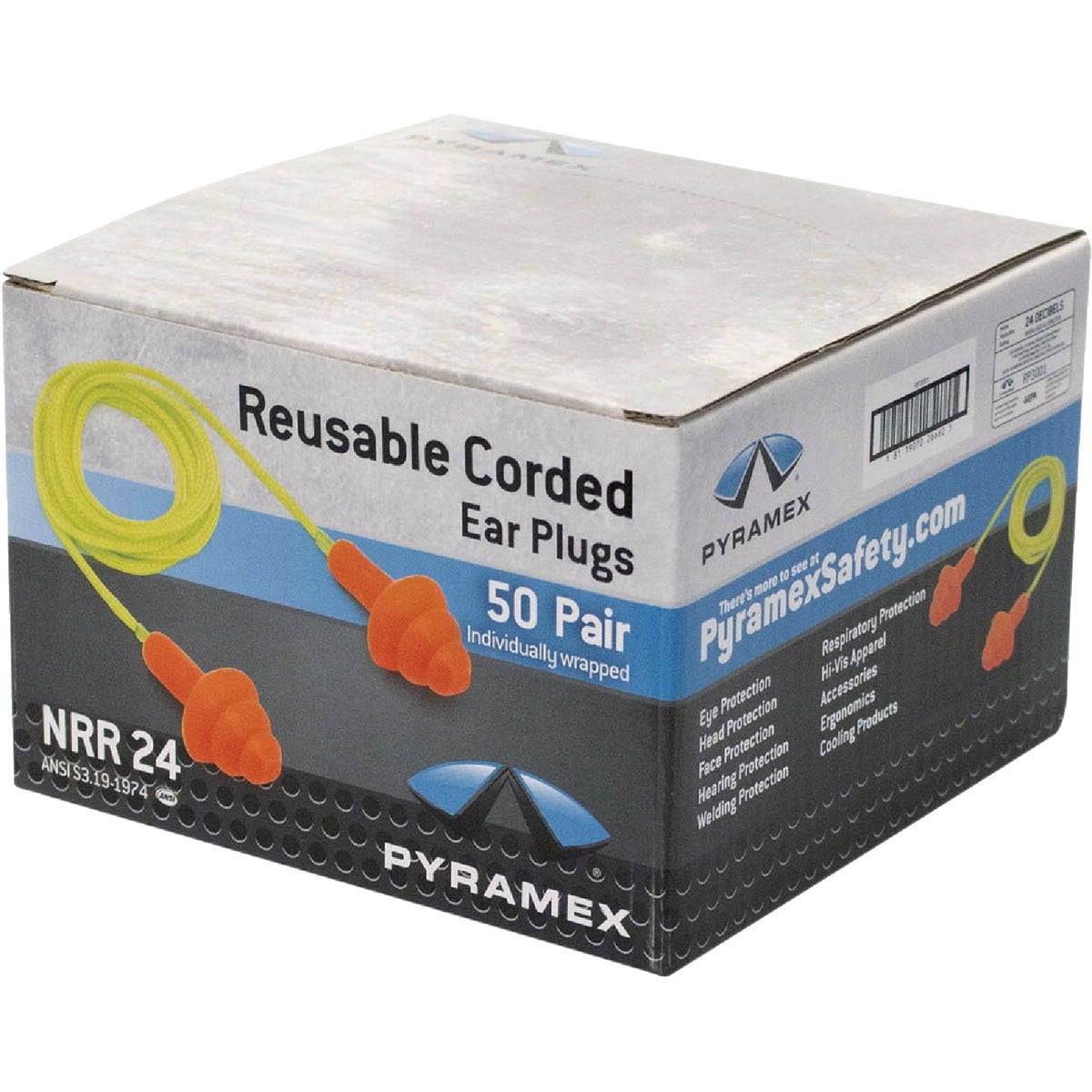 Pyramex RP3001 Reusable Earplugs Corded 24 dB Orange 50 Pair