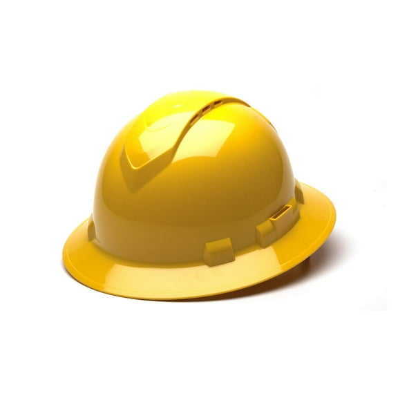 Pyramex Ridgeline Full Brim Hard Hat, Vented, 4-Point Ratchet Suspension, Yellow