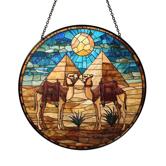 Pyramid Desert Scene Glass Suncatcher Round Window Ornament, Exotic Travel Inspired Decor Gift