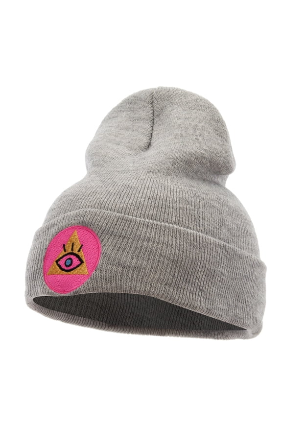 Pyramid Eye Embroidered 12 Inch Long Knitted Beanie - Heather Grey OSFM