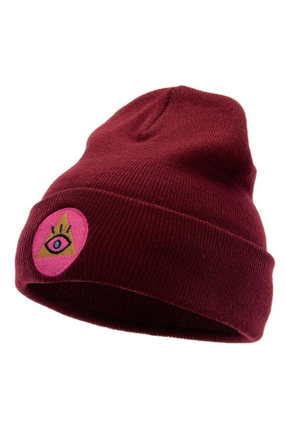 Pyramid Eye Embroidered 12 Inch Long Knitted Beanie - Maroon OSFM