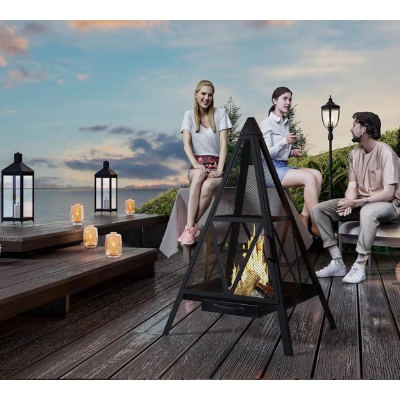 Pyramid Fire Pit, Freestanding Heavy Duty Steel Wood Burning Fire Bowl, Outdoor Patio Garden Backyard Heater, Mesh Geometric Bonfire Hearth, Modern Bohemian Style, Matte Black, 1 Piece