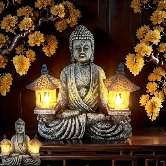 Pyramid Garden Light Sculpture - Outdoor/Indoor Zen Asian Pagoda with Self- Solar Panel, Resin Landscaping for Wedding & Buddhist Decor, -Standing Meditation Statue for Patio, Balcony, Garden -