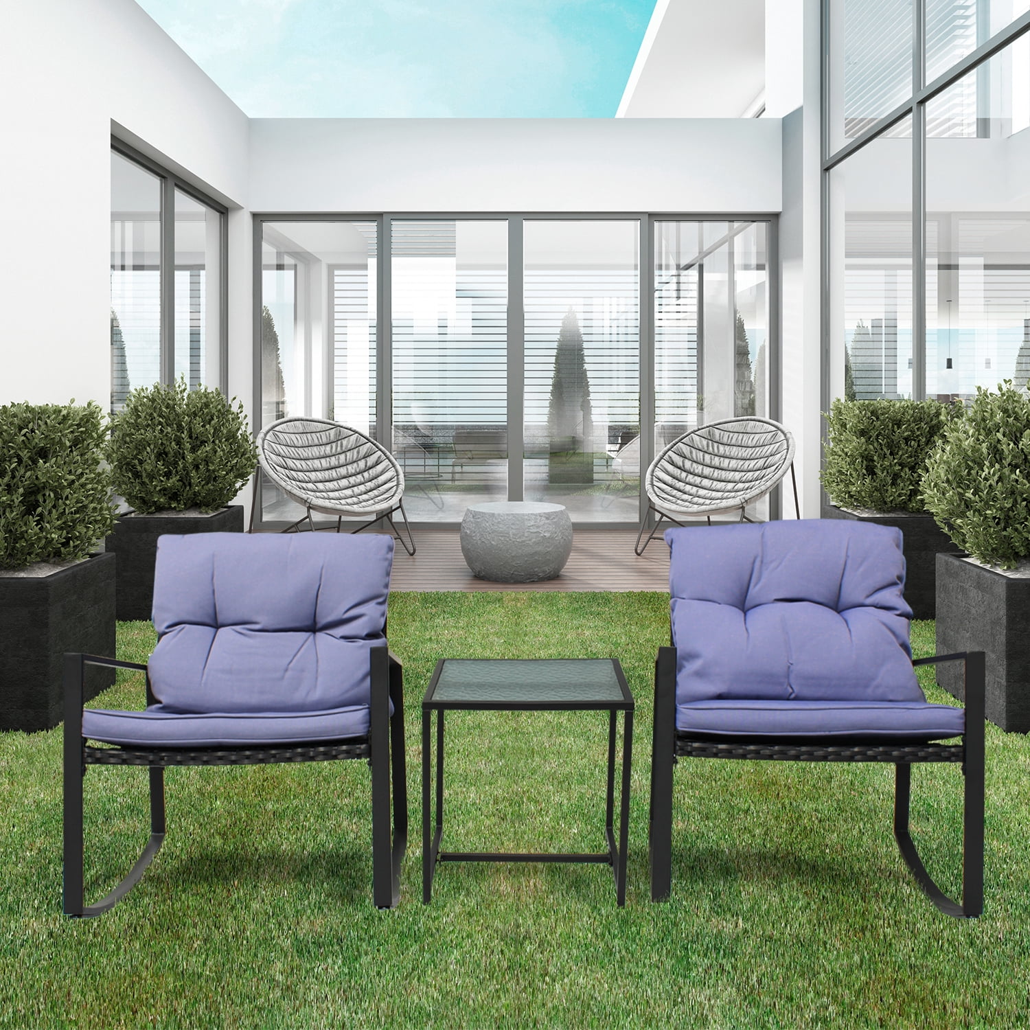 Gray Cushioned Steel Rocking Bistro Set with Glass Table