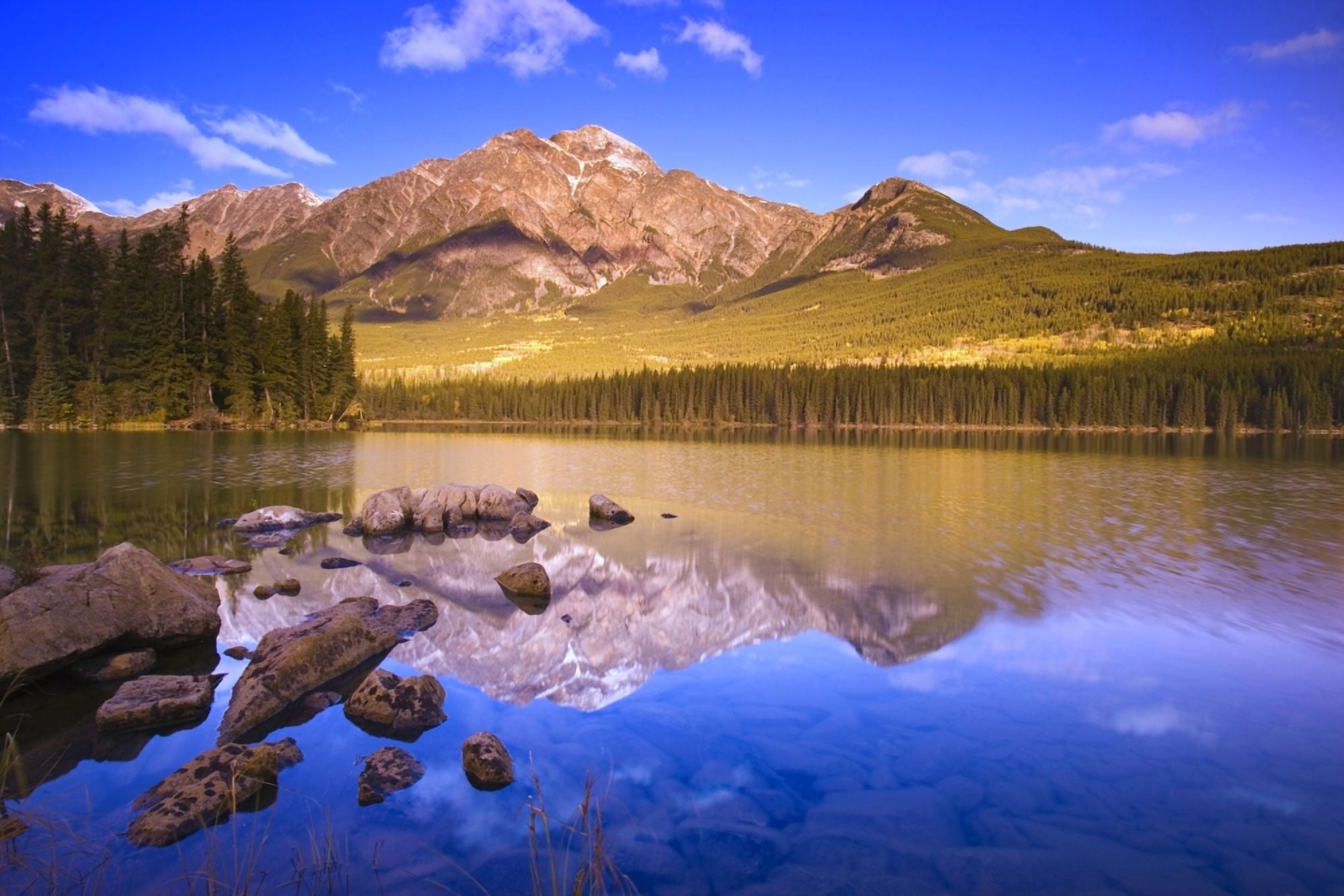 Pyramid Lake Jasper National Park Canvas Art - Carson Ganci Design Pics (34 x 22)