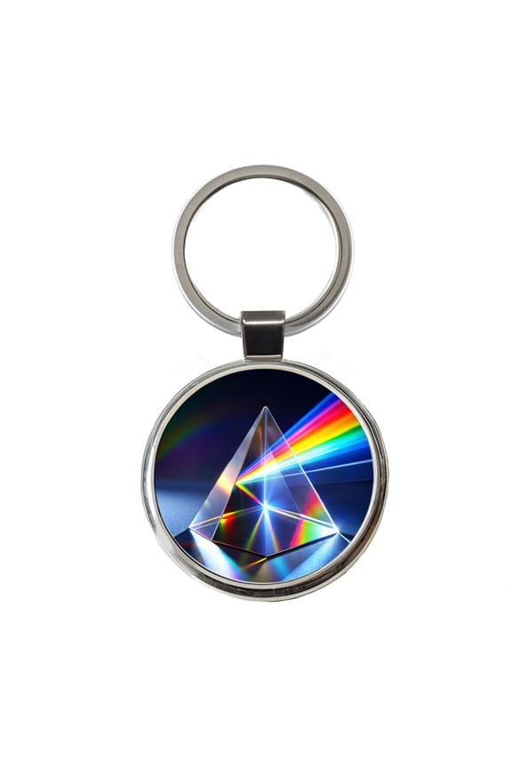 Pyramid Prism Refracted Rainbow Metal Round Keychain