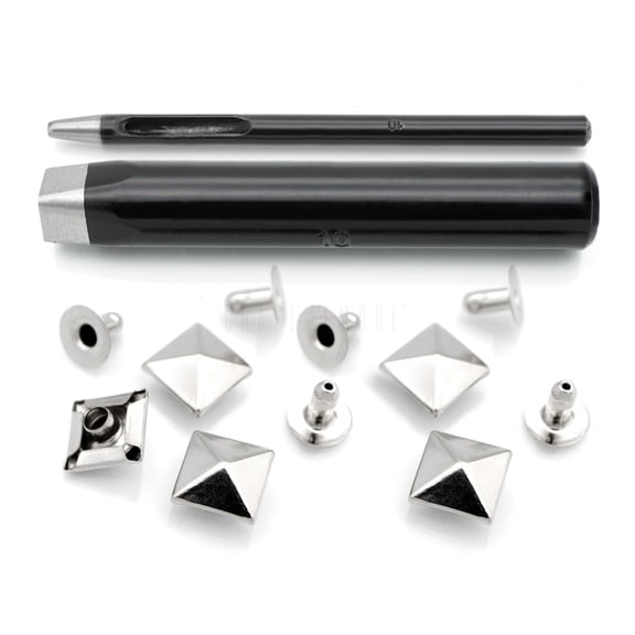 Pyramid Rivet Setter, Spike Rivet Setting Tool Kit, Hole Punch Cutter, 20 Pyramid Rivets in Silver (10 MM Setter)