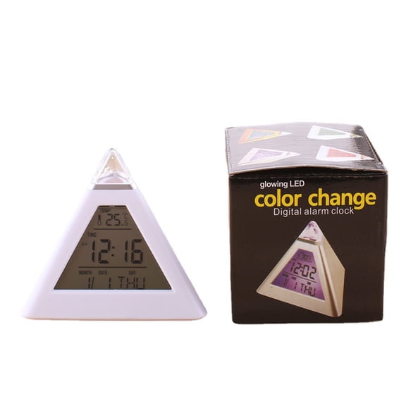Pyramid Shape Digital Led Alarm Clock Time Date Temperature Display 7 Colors Changing Desk Clock