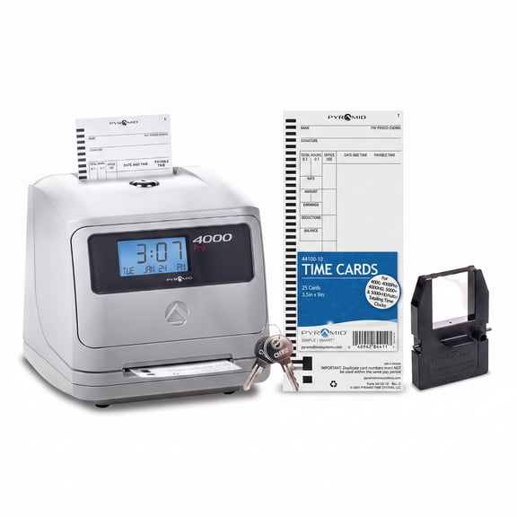Pyramid Time Systems 4000 Pro Auto Totaling Time Clock Bundle with 125 Time Cards, 2 Ink Ribbons, Card Rack & Keys for Up to 50 Employees