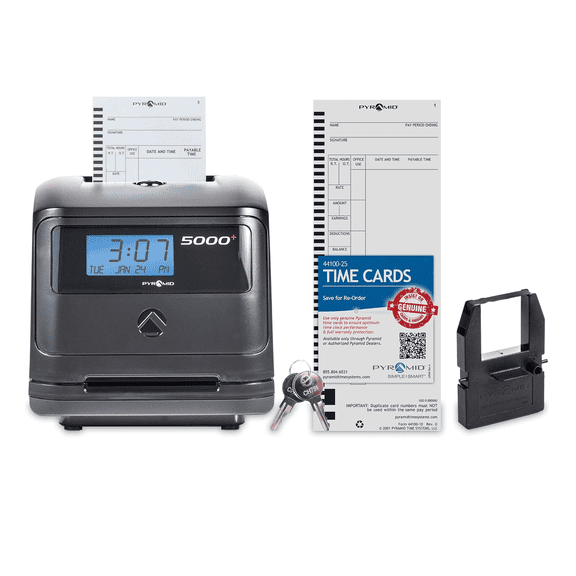 Pyramid Time Systems 5000 Plus Auto Totaling Time Clock with Time Cards, Ribbon & Security Keys, Supports Up to 100 Employees