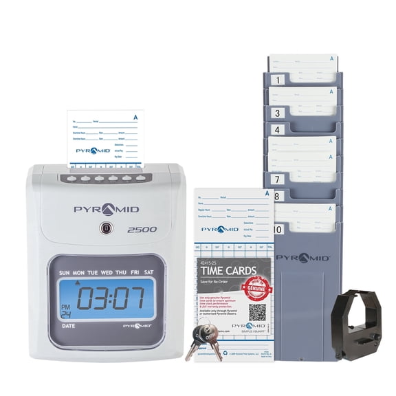 Pyramid Time Systems 2500 Small Business Time Clock Bundle with 100 Time Cards, Ribbon, Time Card Rack & Security Keys, No Employee Limit