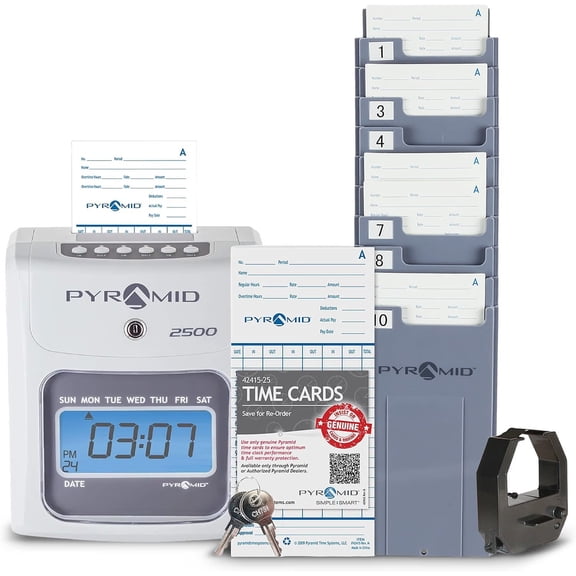 Pyramid Time Systems 2500 Small Business Time Clock Bundle with 100 Time Cards, Ribbon, Time Card Rack & Security Keys, No Employee Limit