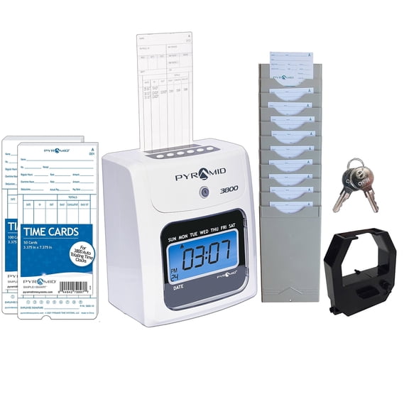 Pyramid Time Systems 3800 Auto Totaling Time Clock Small Business Bundle, Employee Attendance Machine with 50 Time Cards, Ribbon & Security Keys
