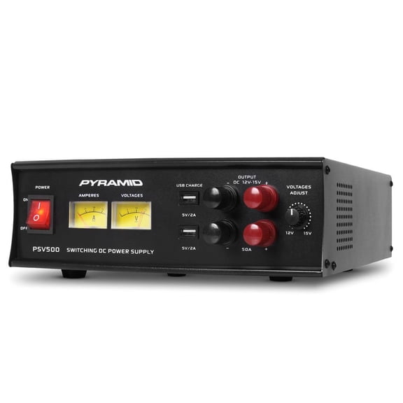 Pyramid Universal Compact Bench Power Supply 12 Amp Variable Linear Regulated AC-DC Converter with USB Port, Cigarette Lighter Socket, Cooling Fan, 115/230V AC Input Model PSV150, Black