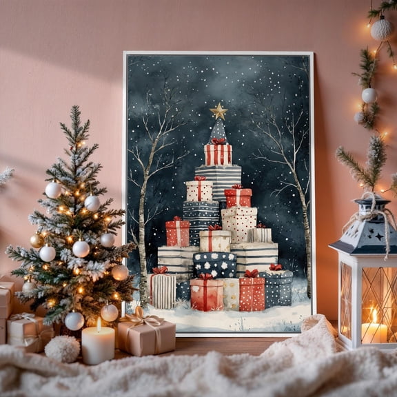 Pyramid With Poster Presents Tree Wall Artposter Festive Decor Ready To Hang, Unframed Canvas Size 8x12