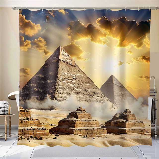 Pyramids of Egypt Shower Curtain Realistic Scene with Cloudy Sky Sun