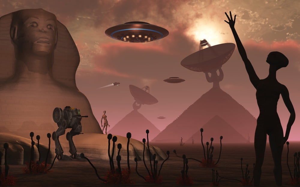 Pyramids used as communication centers on an alien world Canvas Art - Mark StevensonStocktrek Images (36 x 23)