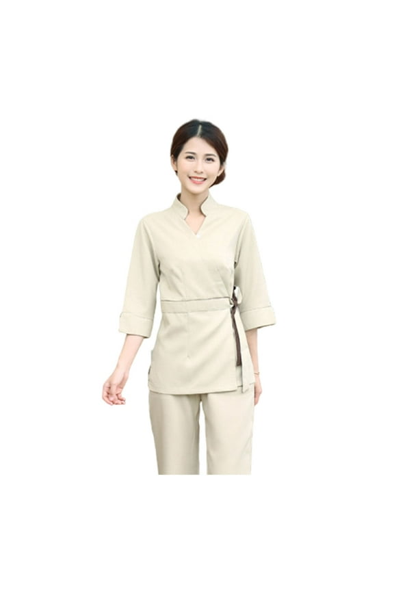 Pyramidti 1 Set/2pcs Beautician Tops Cotton Apparel Working Labour Clothes Fashion V Neck Costume for Beautician Beauty Salon Women (Beige, Size L)