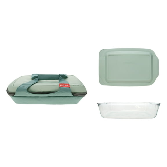 Pyrex (1) 1138983 5 Qt Sage Green Carry Tote & (1) 233-D 5 Qt Glass Baking Dish & (1) 233-PC 1135785 3qt Sage Green Lid