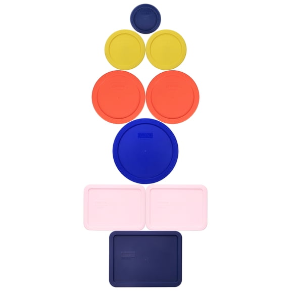 Pyrex (1) 7202-PC Blue, (2) 7200-PC Pastel Yellow, (2) 7201-PC Pumpkin Orange, (1) 7402-PC Cadet Blue, (2)7210-PC Loring Pink, (1) 7211-PC Blue Lids