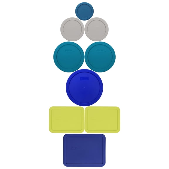 Pyrex (1) 7202-PC Blue Spruce, (2) 7200-PC Rainstorm Blue, (2) 7201-PC Adriatic Blue, (1) 7402-P Cadet Blue, (2) 7210-PC Edamame Green, (1) 7211-PC Navy Blue Lid