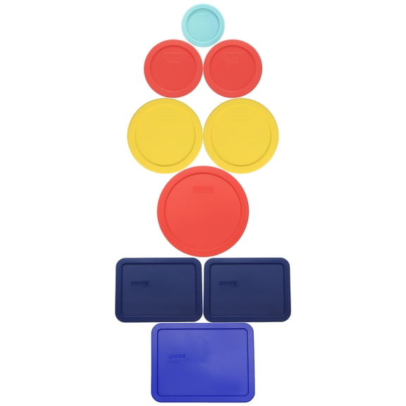 Pyrex (1) 7202-PC Jade Dust Green, (2) 7200-PC Red, (2) 7201-PC Yolk Yellow, (1) 7402-PC Red, (2) 7210-PC Blue, and (1) 7211-PC Cadet Blue Lids