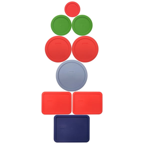 Pyrex (1) 7202-PC Red, (2) 7200-PC Lawn Green, (2) 7201-PC Red, (1) 7402-PC Cerulean Blue, (2) 7210-PC Red, and (1) 7211-PC Blue Lids