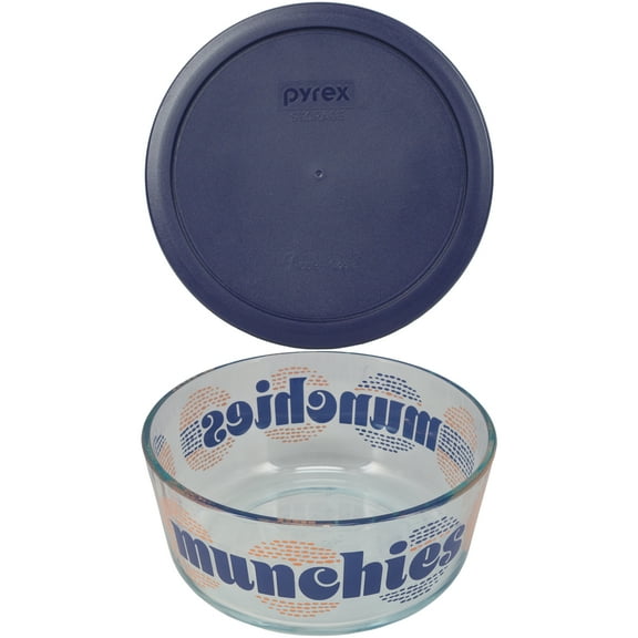 Pyrex (1) 7203 Munchies 7-Cup Glass Food Storage Bowl & (1) 7402-PC Blue Plastic Lid