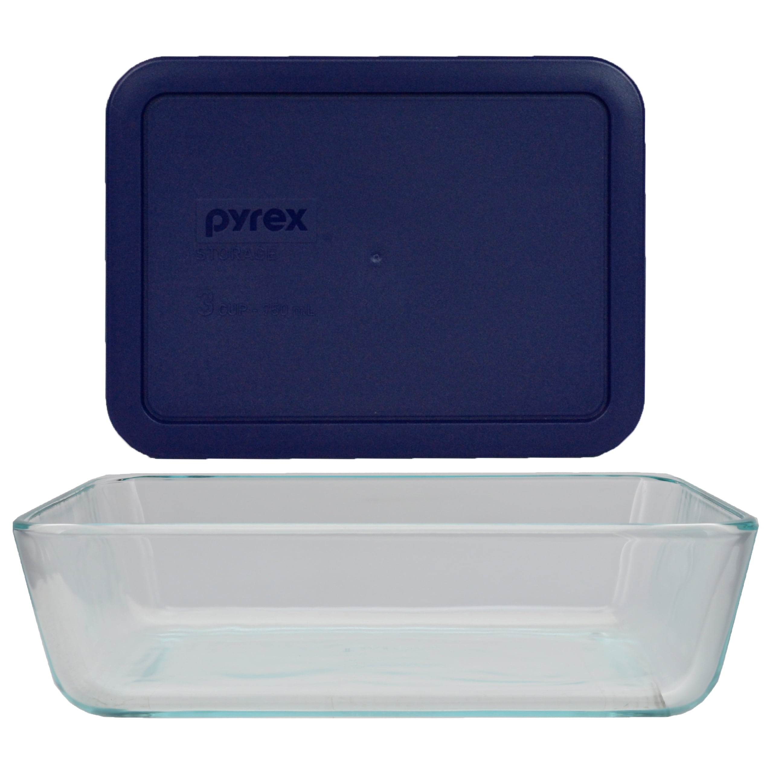 Pyrex 3-cup Glass Container (7210) w/Blue Lid (7210-PC) 7.5” X 5.5” X 1.75”