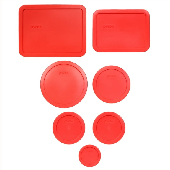 Pyrex (1) 7211-PC, (1) 7210-PC, (1) 7402-PC, (1) 7201-PC, (2) 7200-PC, and (1) 7202-PC Red Plastic Storage Replacement Lids