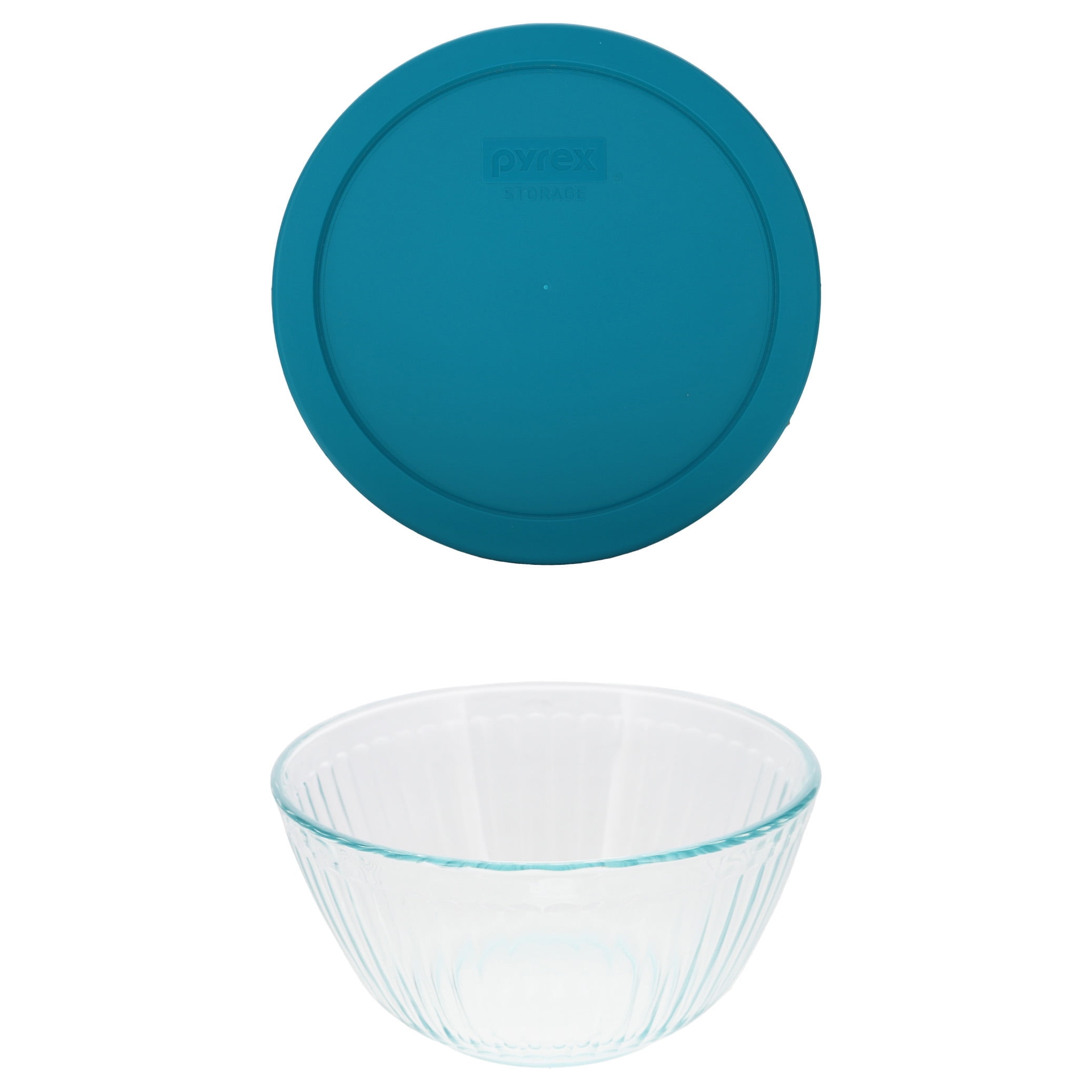 Pyrex (1) 7402 6-Cup/1.5L Sculpted Glass Mixing Bowl and (1) 7402-PC 6/7-Cup Adriatic Blue Lid