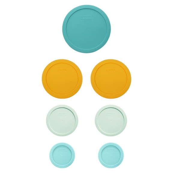 Pyrex (1) 7402-PC 6/7 Cup Sea Glass Lid, (2)7201-PC 4-Cup Lemondrop Yellow Lid, (2)7200-PC 2 Cup Sage Green Lid, (2) 7202-PC 1 Cup Jade Dust Green Food Storage Replacement Lid