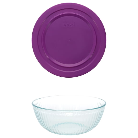 Pyrex (1) 7404 4.5qt Sculpted Glass Mixing Bowl and (1) 7404-PC Thistle Purple Lid - Made in USA