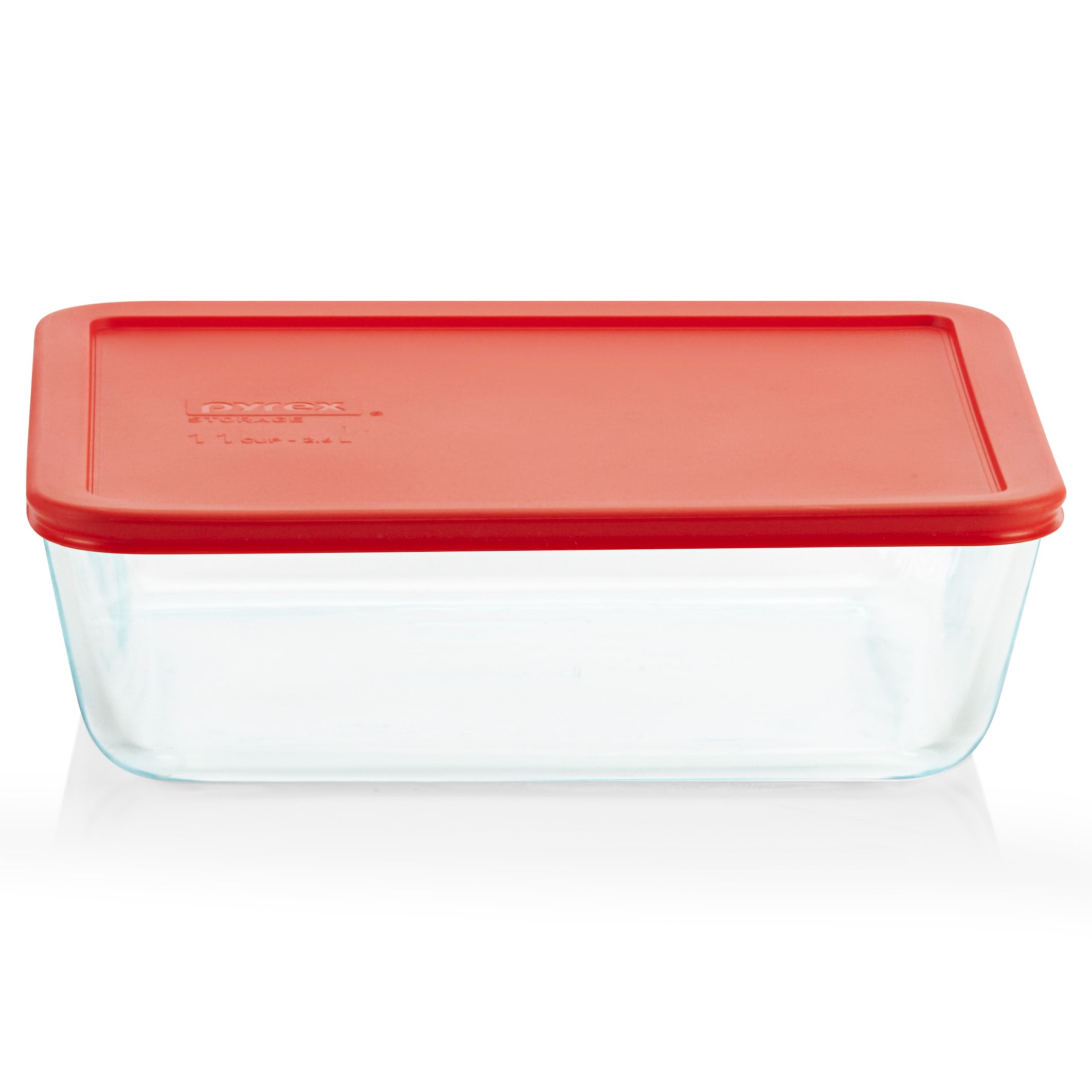 Clear Glass 11-Cup Rectangular Storage Bowl with Red Lid