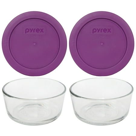Pyrex (2) 7200 2-Cup Clear Glass Storage Bowls and (2) 7200-PC Thistle Purple Plastic Lids