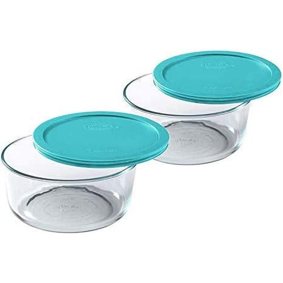 Pyrex (2) 7200 2-Cup Clear Glass Storage Bowls and (2) 7200-PC Turquoise Plastic Lid Covers