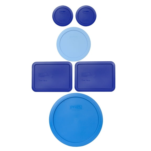 Pyrex (2) 7200-PC Cadet Blue Lids, (1) 7201-PC Blue Cornflower lids, (2) 7210-PC Cadet Blue lids, and (1) 7402-PC Marine Blue Lids