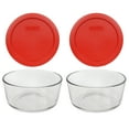 thumbnail image 1 of Pyrex (2) 7201 4-Cup Glass Bowls & (2) 7201-PC Poppy Red Plastic Lids, 1 of 5