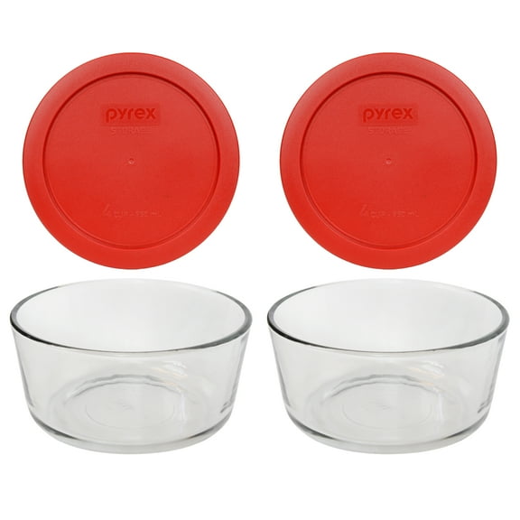 Pyrex (2) 7201 4-Cup Glass Bowls & (2) 7201-PC Poppy Red Plastic Lids