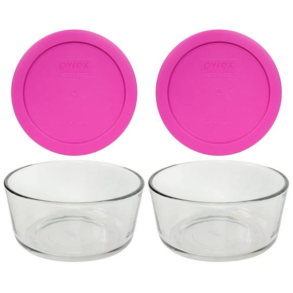 Pyrex (2) 7201 4-Cup Glass Storage Bowls and (2) 7201-PC Berry Pink Plastic Lids