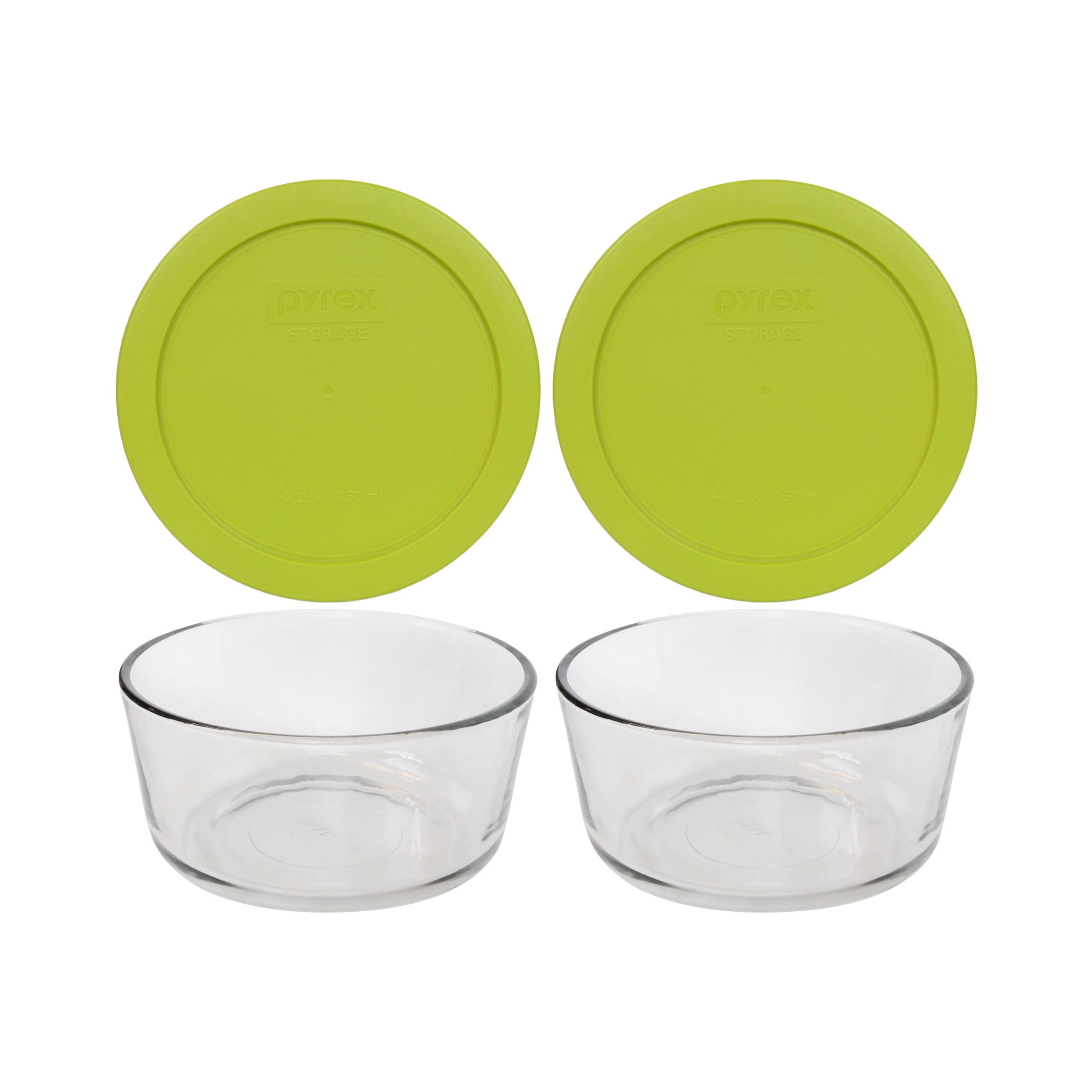 Pyrex (2) 7201 4Cup Glass Storage Bowls and (2) 7201PC Green Edamame
